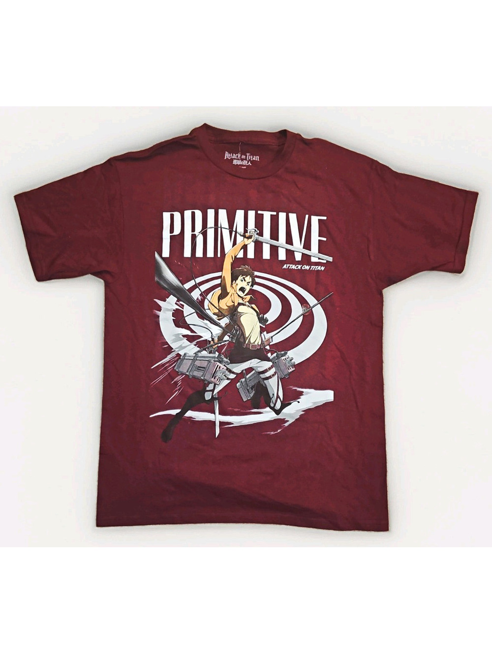 Primitive x Attack on Titan Eren Yeager Burgundy Graphic Tee Boys Size XL